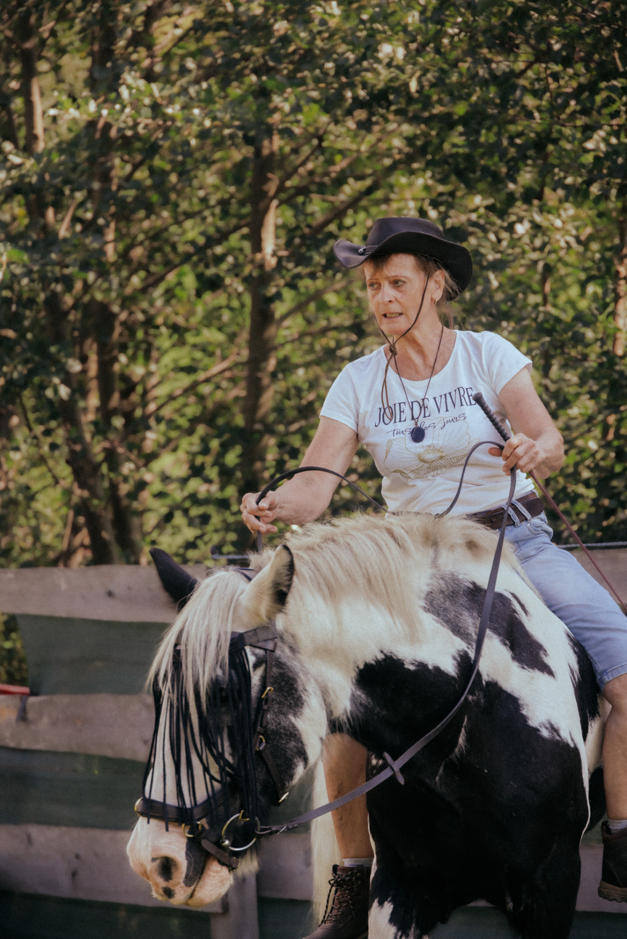 Ingrid Pockstaller reitet ein geschecktes Pferd im Reitplatz